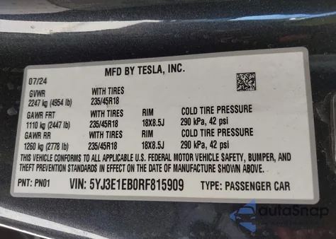 2024 Tesla Model 3 Long Range Dual Motor All-Wheel Drive z USA, uszkodzony, nr VIN 5YJ3E1EB0RF815909